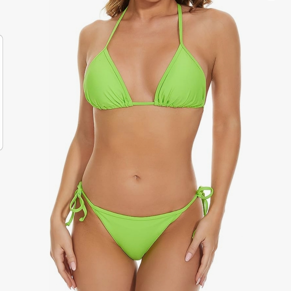 NWT Lizens Women Tie Side Triangle String Charteuse Bikini S